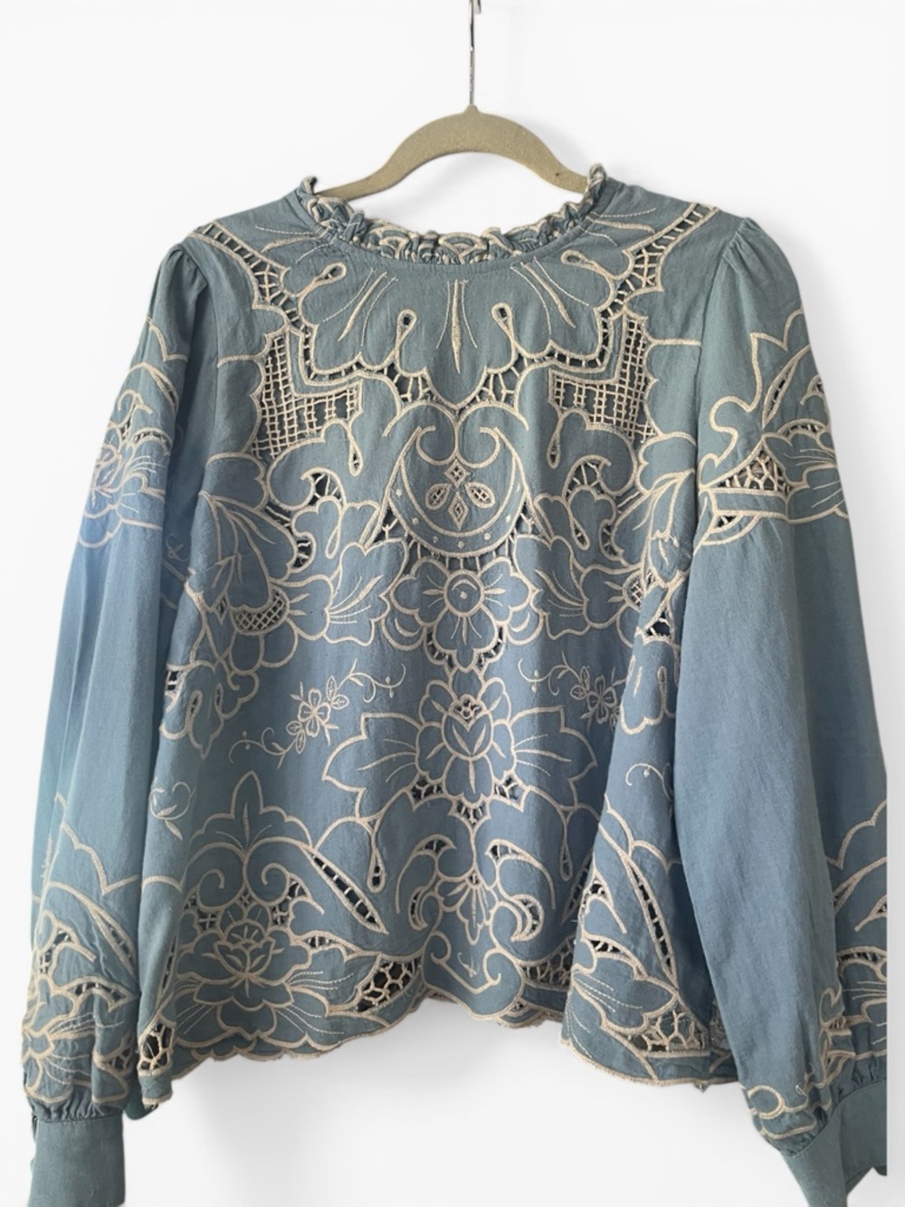 Anthro Embroidered Blue and Cream Cutwork Blouse - Linen and Cotton- size L - Picture 2 of 8